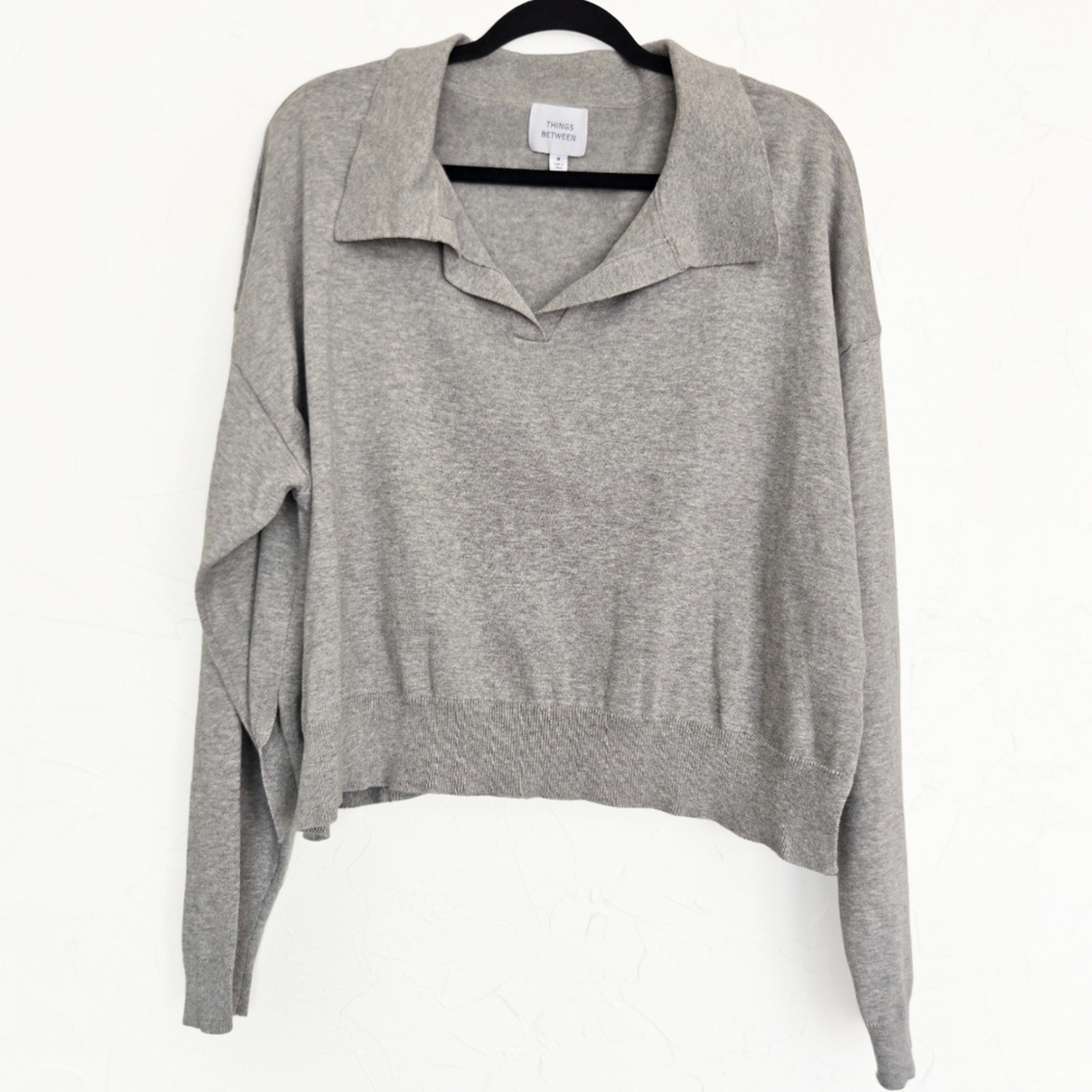 Things Between Knit Collar Gray Top Sweater, M